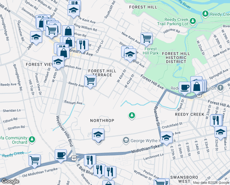 map of restaurants, bars, coffee shops, grocery stores, and more near 1103 West 43rd Street in Richmond