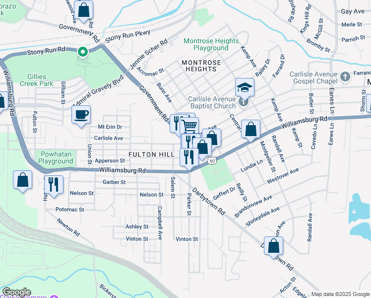 map of restaurants, bars, coffee shops, grocery stores, and more near 4901 Government Road in Richmond