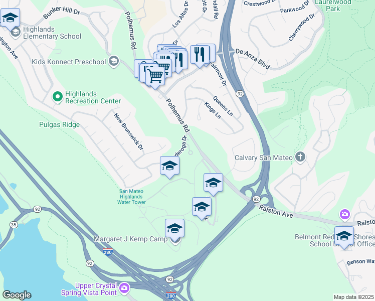 map of restaurants, bars, coffee shops, grocery stores, and more near 2313 Ticonderoga Drive in San Mateo
