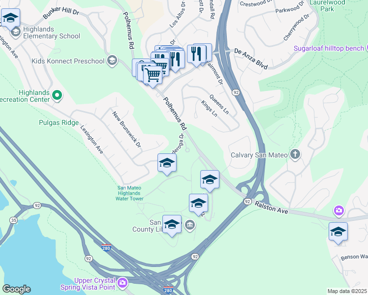 map of restaurants, bars, coffee shops, grocery stores, and more near 2313 Ticonderoga Drive in San Mateo