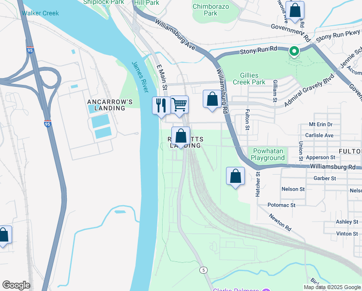 map of restaurants, bars, coffee shops, grocery stores, and more near 251 Rocketts Way in Richmond