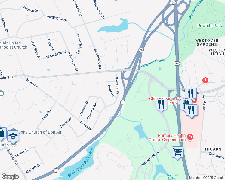 map of restaurants, bars, coffee shops, grocery stores, and more near 1235 Apex Road in Richmond