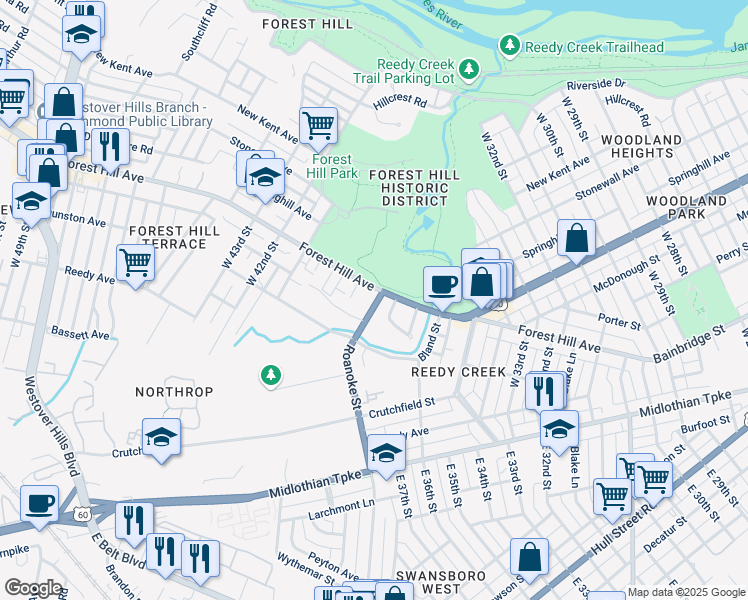 map of restaurants, bars, coffee shops, grocery stores, and more near 4000 Forest Hill Avenue in Richmond