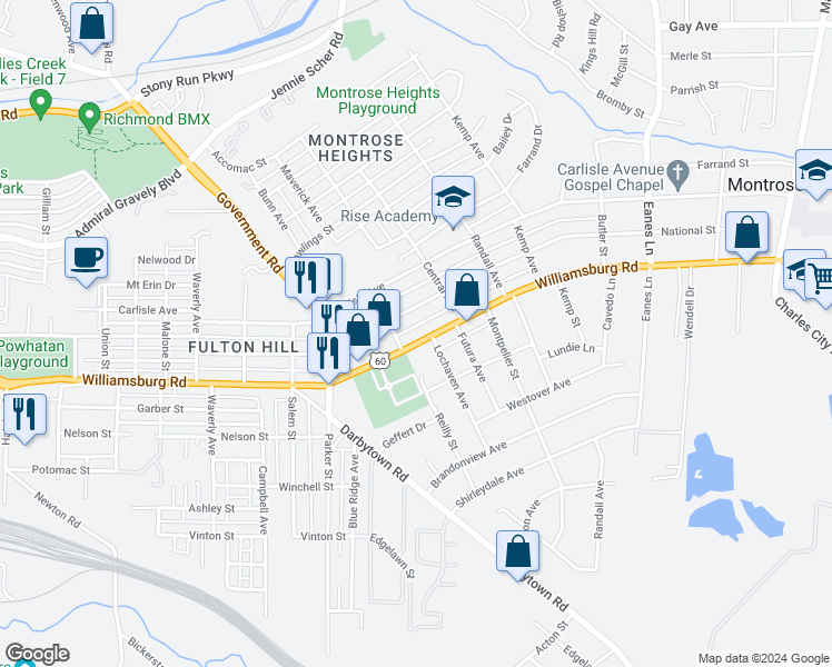 map of restaurants, bars, coffee shops, grocery stores, and more near 1808 Williamsburg Road in Richmond