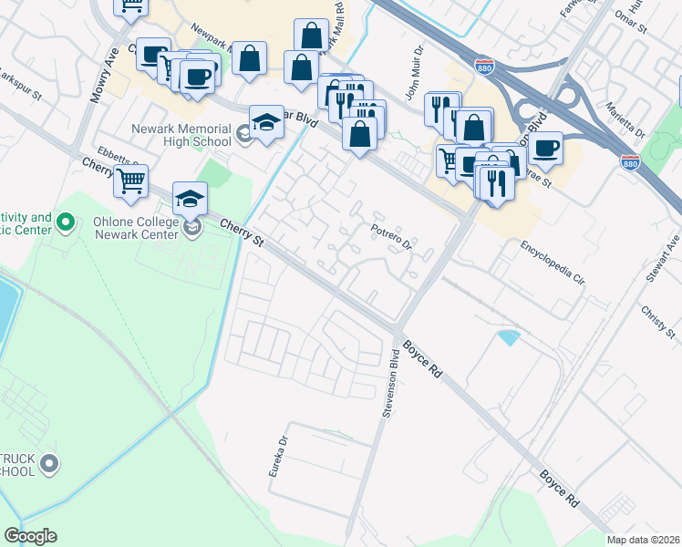 map of restaurants, bars, coffee shops, grocery stores, and more near 6381 Potrero Drive in Newark