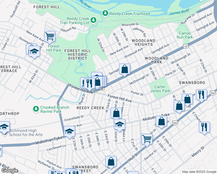 map of restaurants, bars, coffee shops, grocery stores, and more near 3306 Semmes Avenue in Richmond
