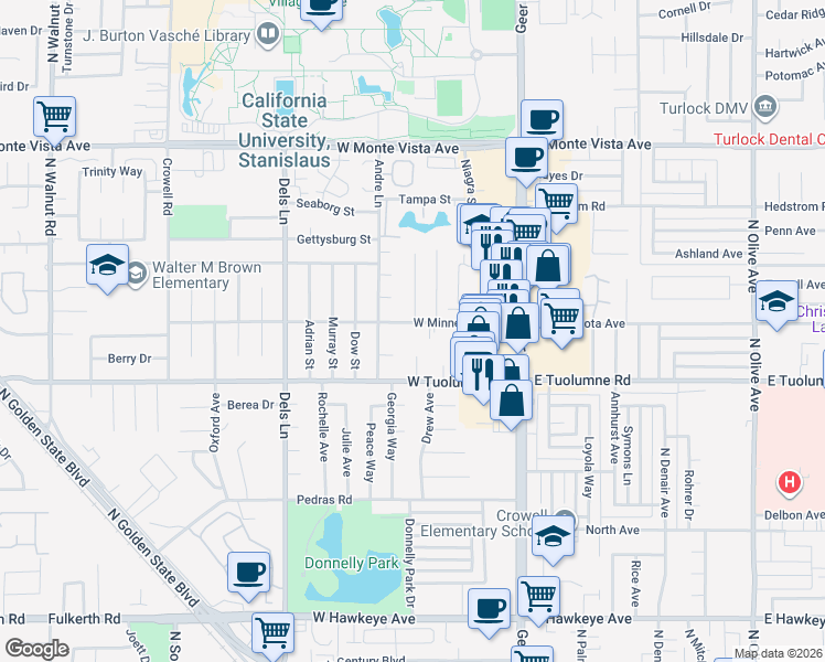 map of restaurants, bars, coffee shops, grocery stores, and more near 351 West Minnesota Avenue in Turlock