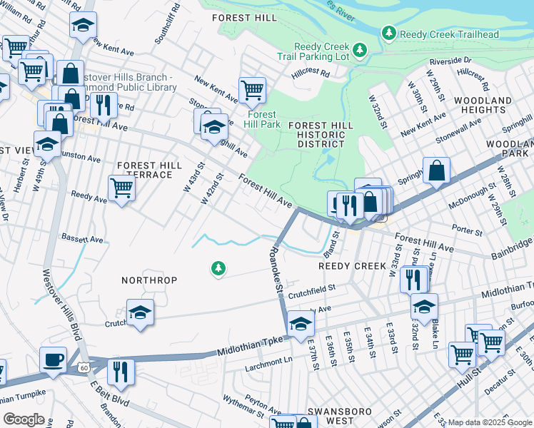 map of restaurants, bars, coffee shops, grocery stores, and more near 4031 Sharon Court in Richmond