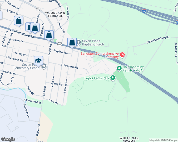 map of restaurants, bars, coffee shops, grocery stores, and more near 730 East Huntsman Road in Sandston