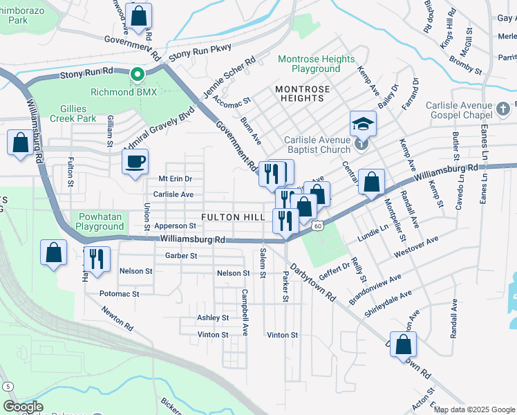 map of restaurants, bars, coffee shops, grocery stores, and more near 1531 Carlisle Avenue in Richmond