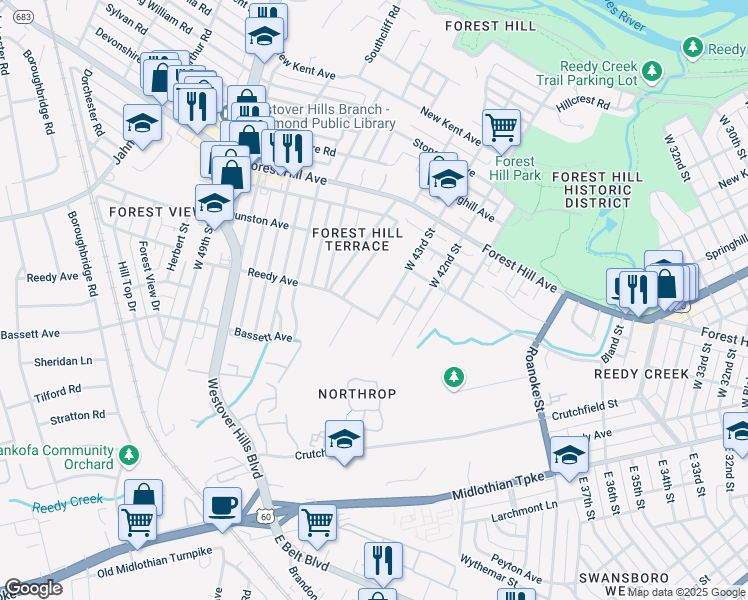 map of restaurants, bars, coffee shops, grocery stores, and more near 1006 West 43rd Street in Richmond