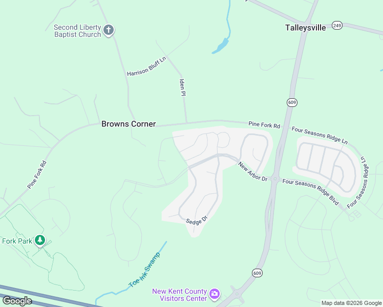 map of restaurants, bars, coffee shops, grocery stores, and more near 7856 Uplands Drive in New Kent