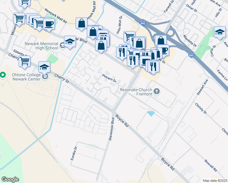 map of restaurants, bars, coffee shops, grocery stores, and more near 39880 Parada Street in Newark