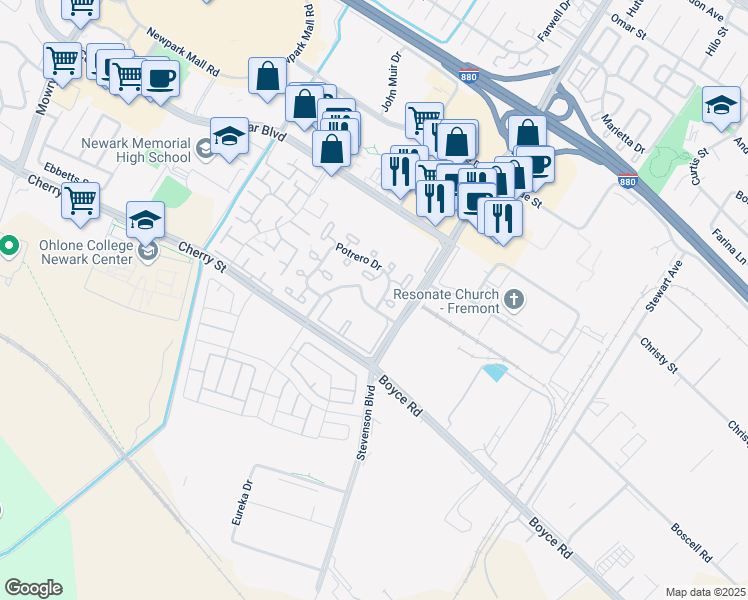 map of restaurants, bars, coffee shops, grocery stores, and more near 39983 Potrero Drive in Newark