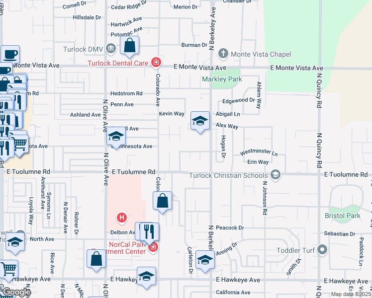 map of restaurants, bars, coffee shops, grocery stores, and more near 1515 Michael Way in Turlock