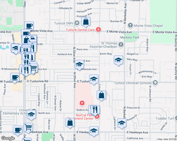 map of restaurants, bars, coffee shops, grocery stores, and more near 1031 East Minnesota Avenue in Turlock