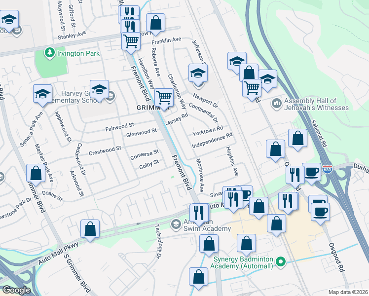 map of restaurants, bars, coffee shops, grocery stores, and more near 43337 Columbia Avenue in Fremont