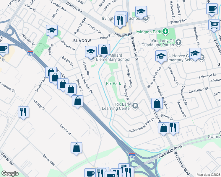 map of restaurants, bars, coffee shops, grocery stores, and more near 5405 Clarendon Park Court in Fremont