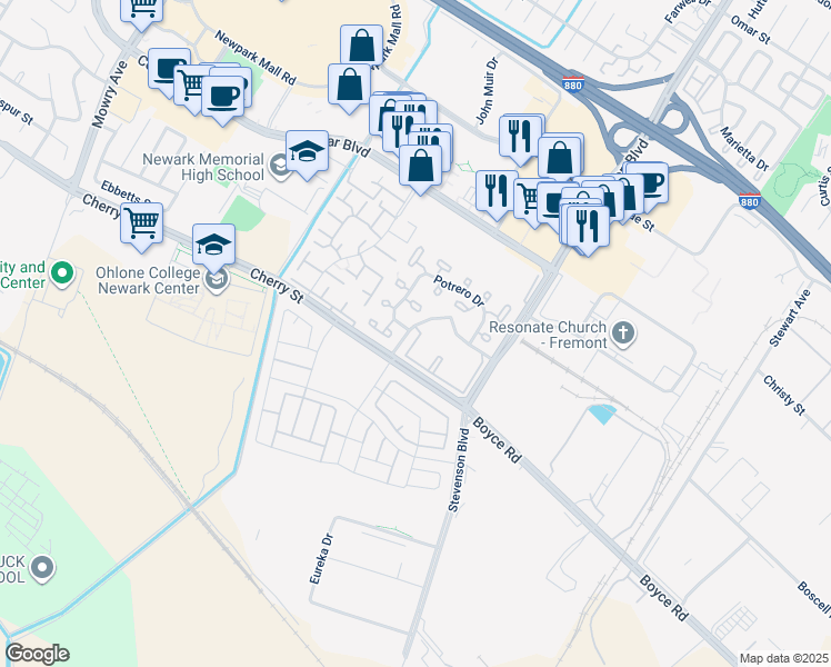 map of restaurants, bars, coffee shops, grocery stores, and more near 6206 Buena Vista Drive in Newark