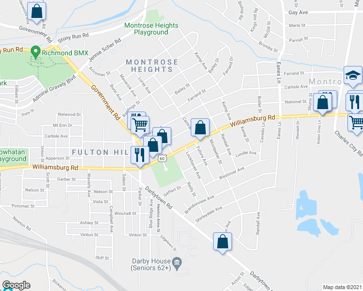 map of restaurants, bars, coffee shops, grocery stores, and more near 1818 Williamsburg Road in Richmond