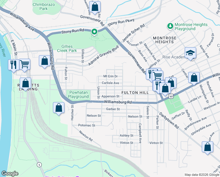 map of restaurants, bars, coffee shops, grocery stores, and more near 1215 Carlisle Avenue in Richmond