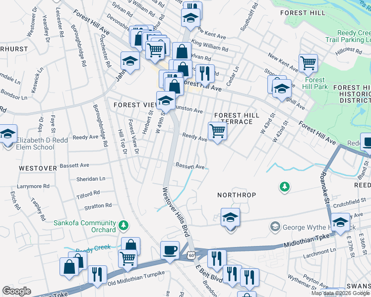 map of restaurants, bars, coffee shops, grocery stores, and more near 821 West 47th Street in Richmond