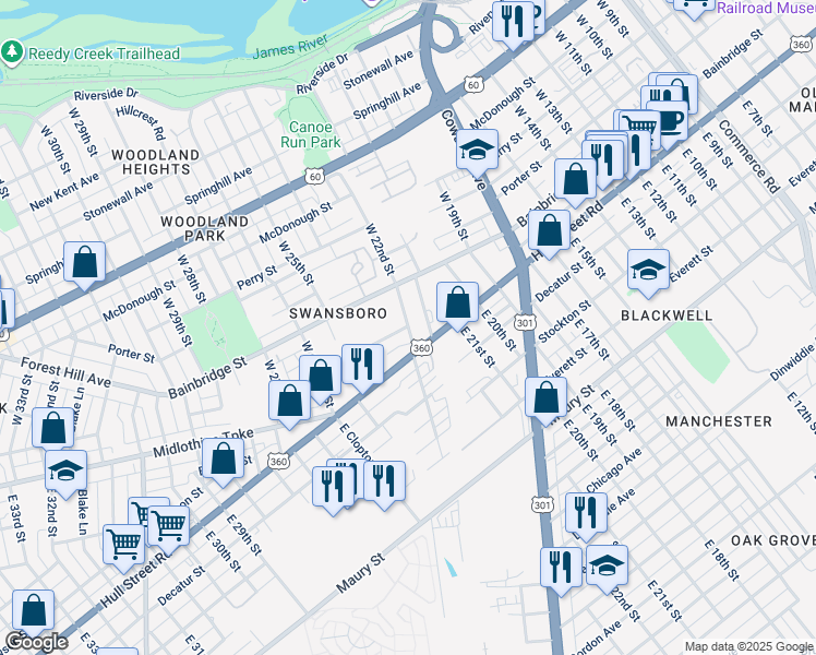 map of restaurants, bars, coffee shops, grocery stores, and more near 55 W Pilkington St in Richmond