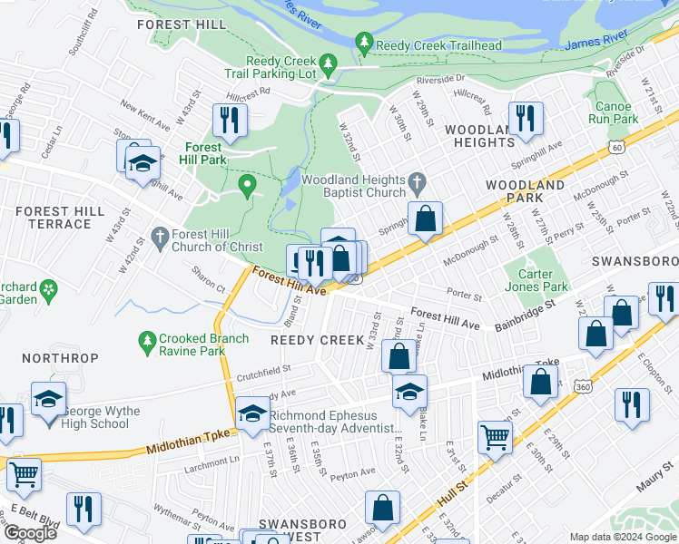 map of restaurants, bars, coffee shops, grocery stores, and more near 3411 Semmes Avenue in Richmond