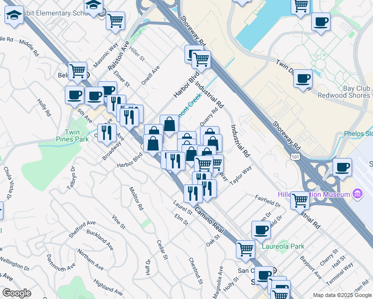 map of restaurants, bars, coffee shops, grocery stores, and more near 633 Quarry Road in San Carlos