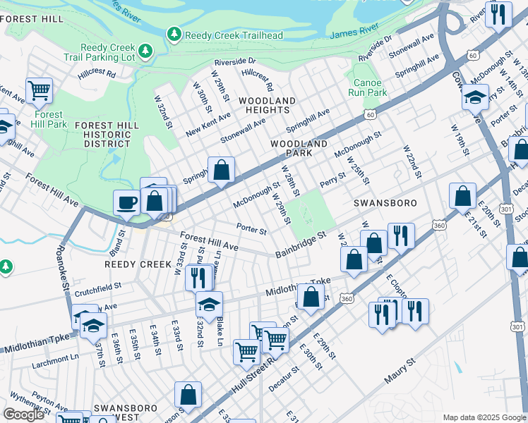 map of restaurants, bars, coffee shops, grocery stores, and more near 303 West 30th Street in Richmond