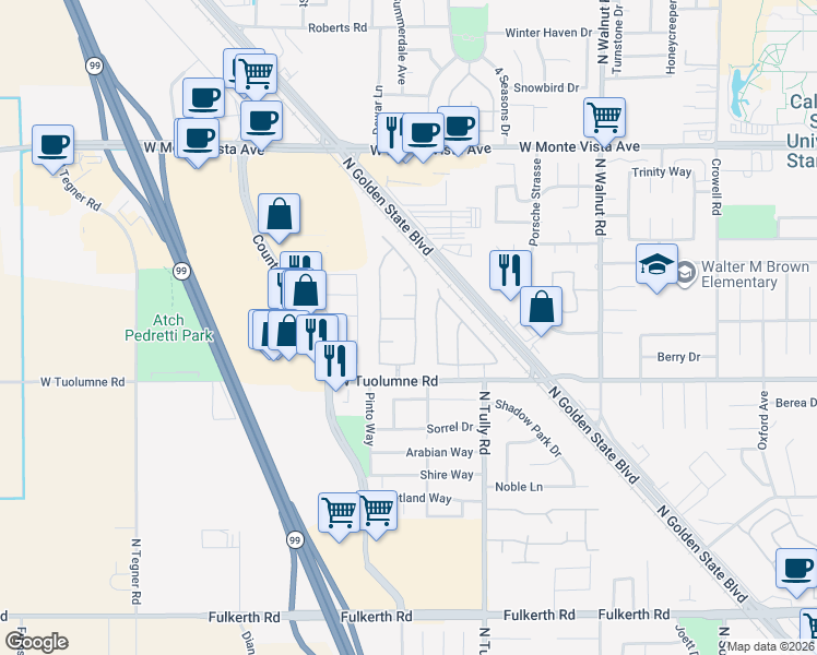 map of restaurants, bars, coffee shops, grocery stores, and more near 2600 Carnival Drive in Turlock