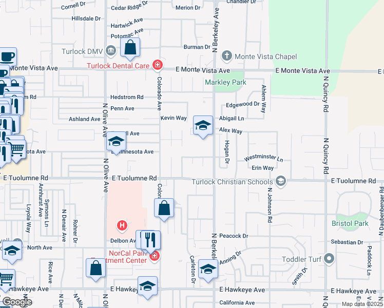map of restaurants, bars, coffee shops, grocery stores, and more near 1515 Michael Way in Turlock