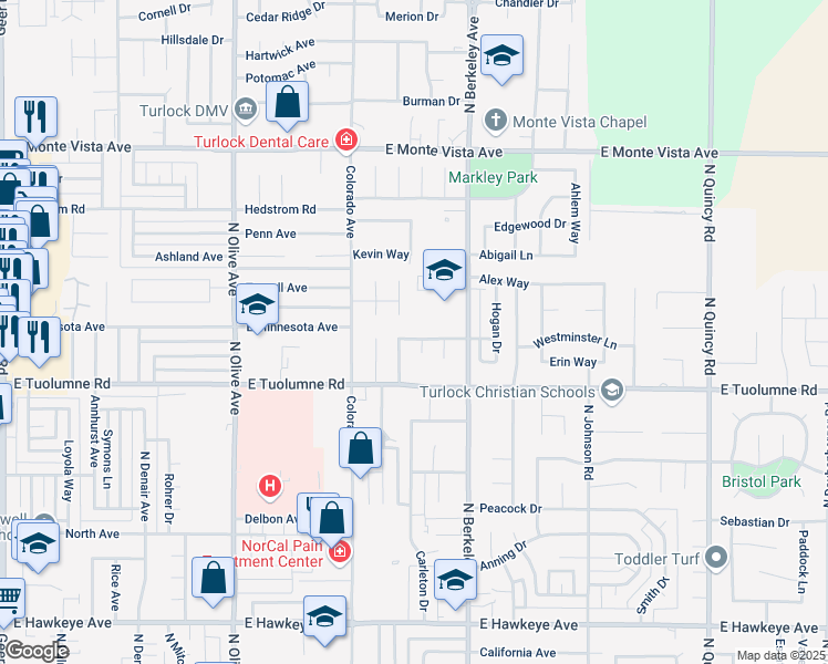 map of restaurants, bars, coffee shops, grocery stores, and more near 1515 Michael Way in Turlock