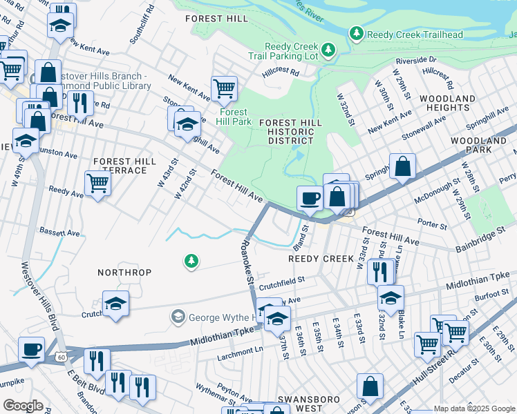 map of restaurants, bars, coffee shops, grocery stores, and more near 4004 Forest Hill Avenue in Richmond