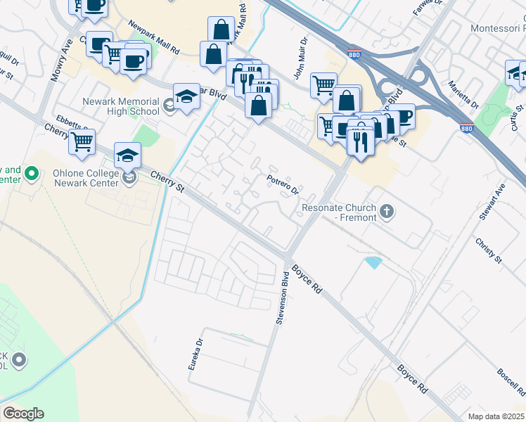 map of restaurants, bars, coffee shops, grocery stores, and more near 6204 Buena Vista Drive in Newark