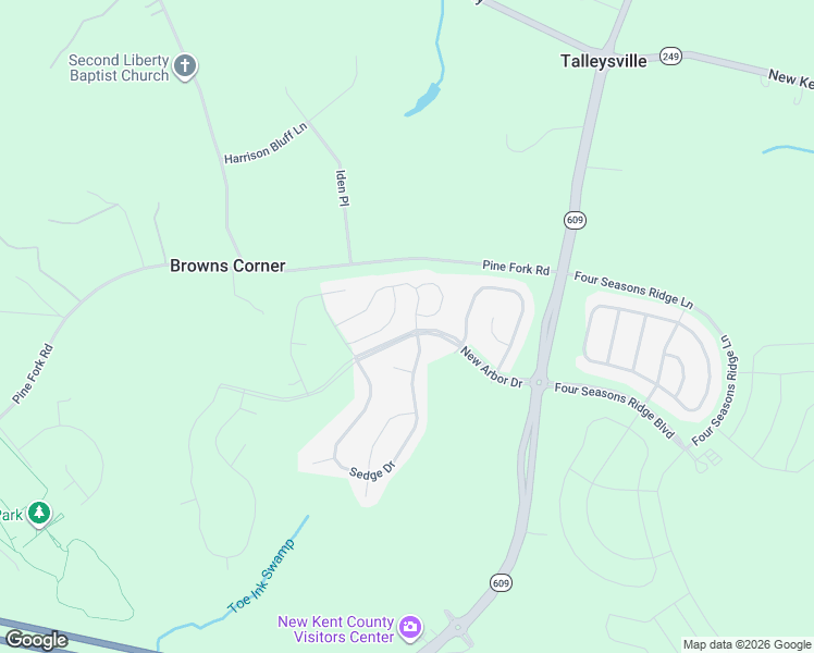 map of restaurants, bars, coffee shops, grocery stores, and more near 7856 Uplands Drive in New Kent