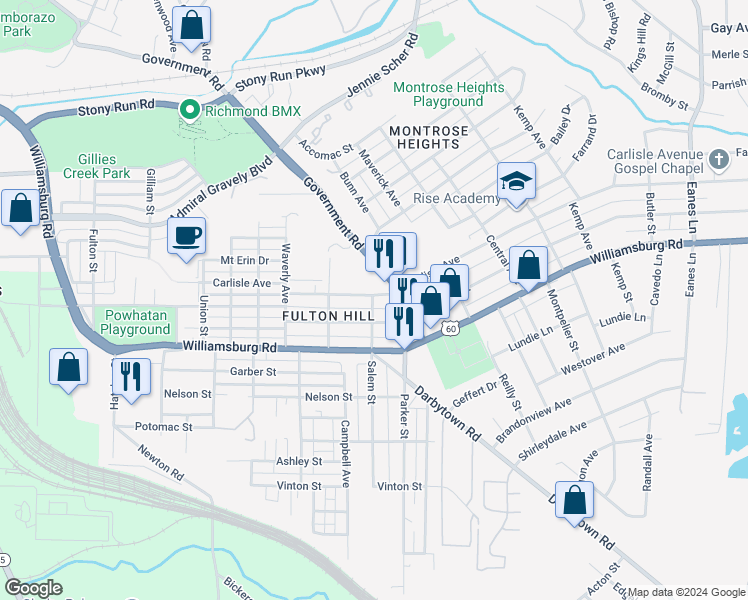 map of restaurants, bars, coffee shops, grocery stores, and more near 1601 Carlisle Avenue in Richmond