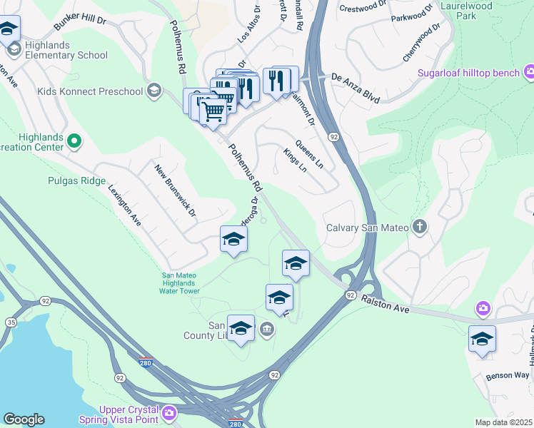 map of restaurants, bars, coffee shops, grocery stores, and more near 2371 Ticonderoga Drive in San Mateo