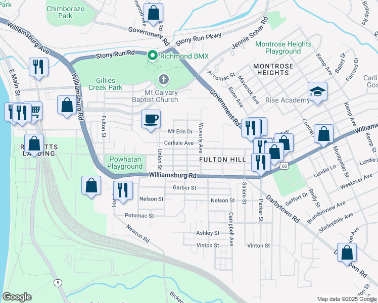 map of restaurants, bars, coffee shops, grocery stores, and more near 1300 Goddin Street in Richmond
