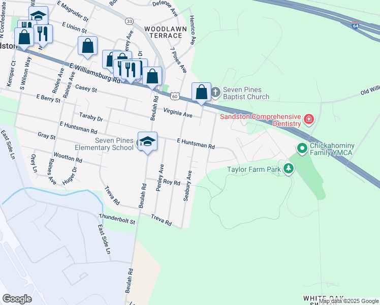 map of restaurants, bars, coffee shops, grocery stores, and more near 303 Seabury Avenue in Sandston