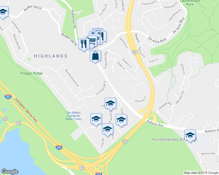 map of restaurants, bars, coffee shops, grocery stores, and more near 2371 Ticonderoga Drive in San Mateo