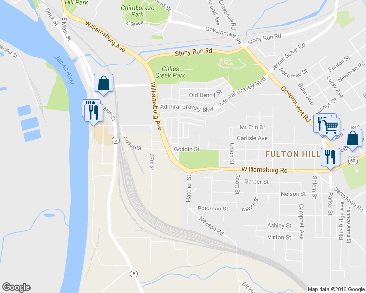 map of restaurants, bars, coffee shops, grocery stores, and more near 708 Goddin Street in Richmond