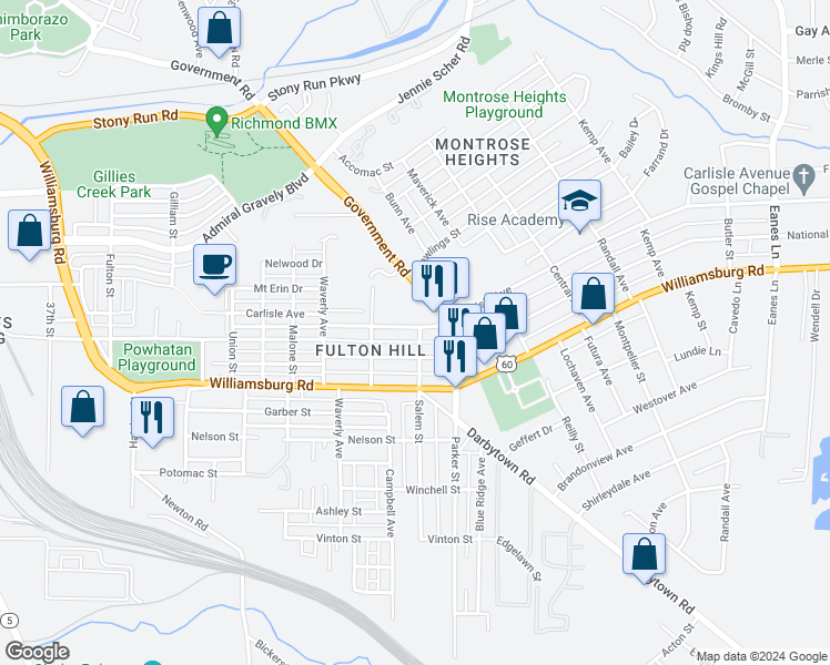 map of restaurants, bars, coffee shops, grocery stores, and more near 1533 Carlisle Avenue in Richmond