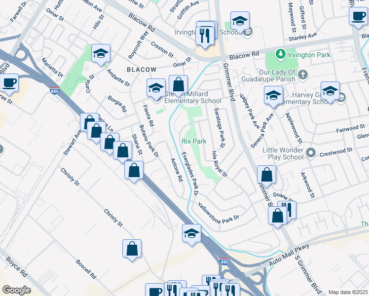 map of restaurants, bars, coffee shops, grocery stores, and more near 5405 Clarendon Park Court in Fremont