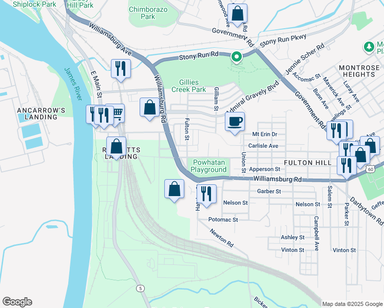 map of restaurants, bars, coffee shops, grocery stores, and more near 708 Goddin Street in Richmond