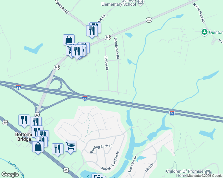 map of restaurants, bars, coffee shops, grocery stores, and more near 7708 Woodbrook Road in Quinton