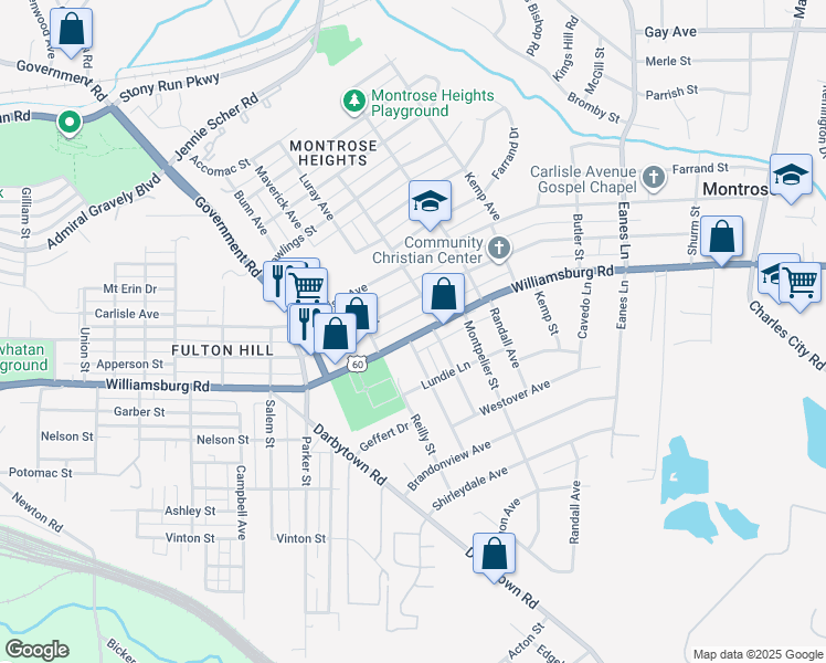 map of restaurants, bars, coffee shops, grocery stores, and more near 1818 Williamsburg Road in Richmond