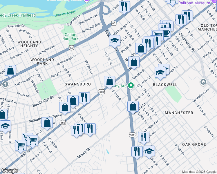 map of restaurants, bars, coffee shops, grocery stores, and more near 2032 Hull Street in Richmond