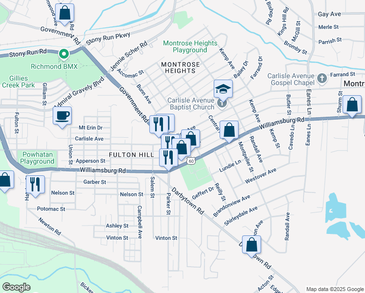 map of restaurants, bars, coffee shops, grocery stores, and more near 1714 National Street in Richmond