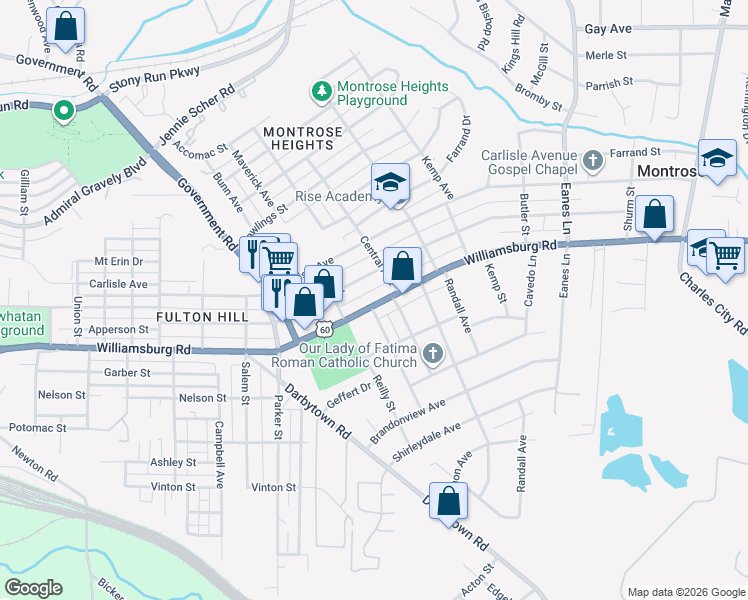 map of restaurants, bars, coffee shops, grocery stores, and more near 1818 Williamsburg Road in Richmond